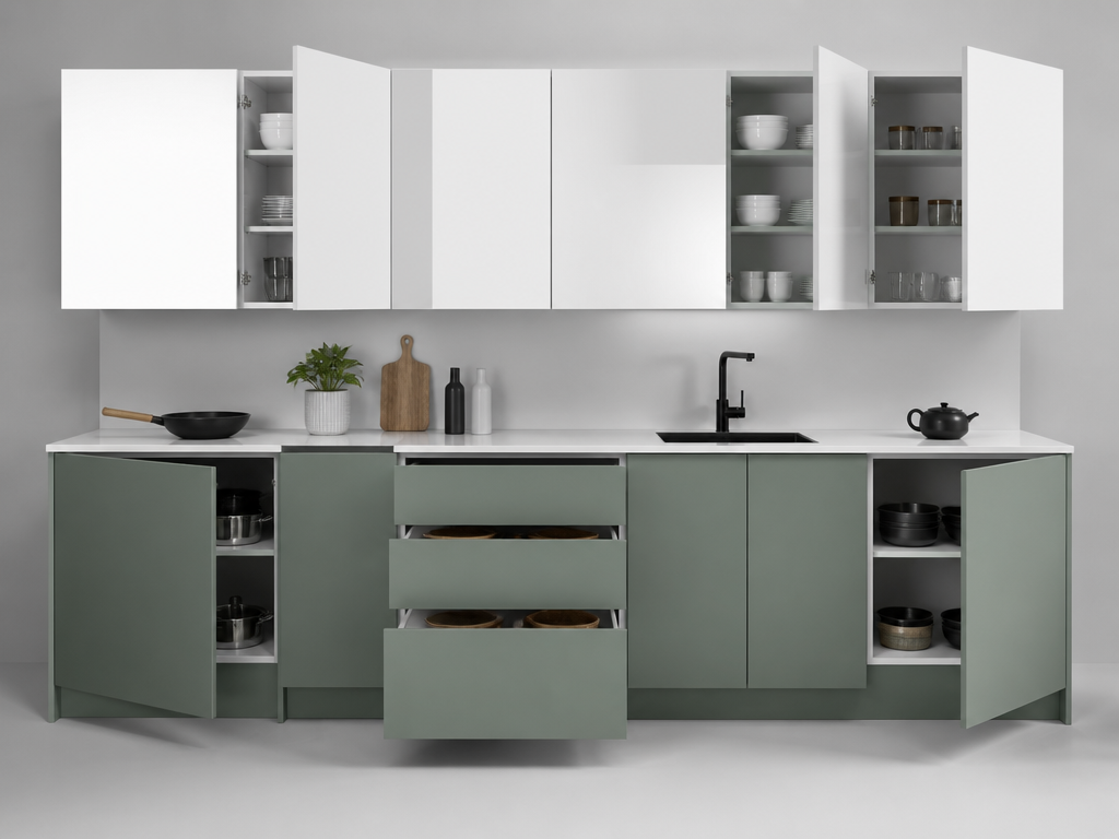 Matte sage-green base cabinets with white high-gloss uppers by FAME