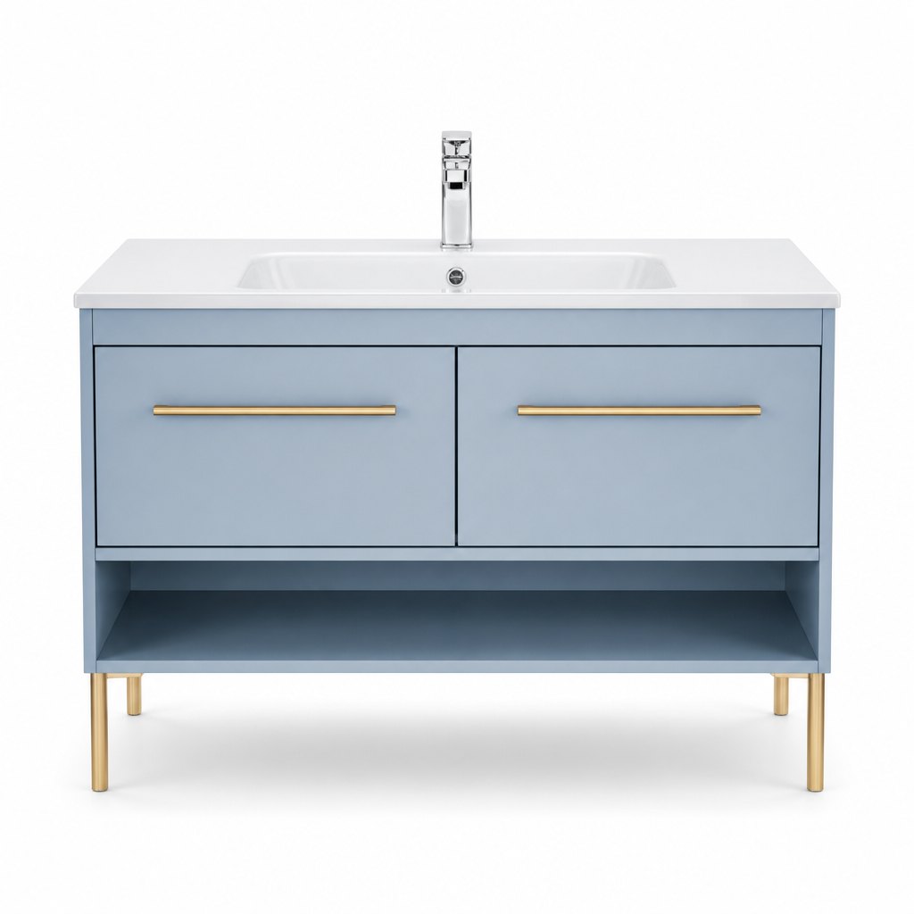 1000mm Blue-Grey Vanity — Gold Legs & Open Shelf — FAME OEM bathroom vanity