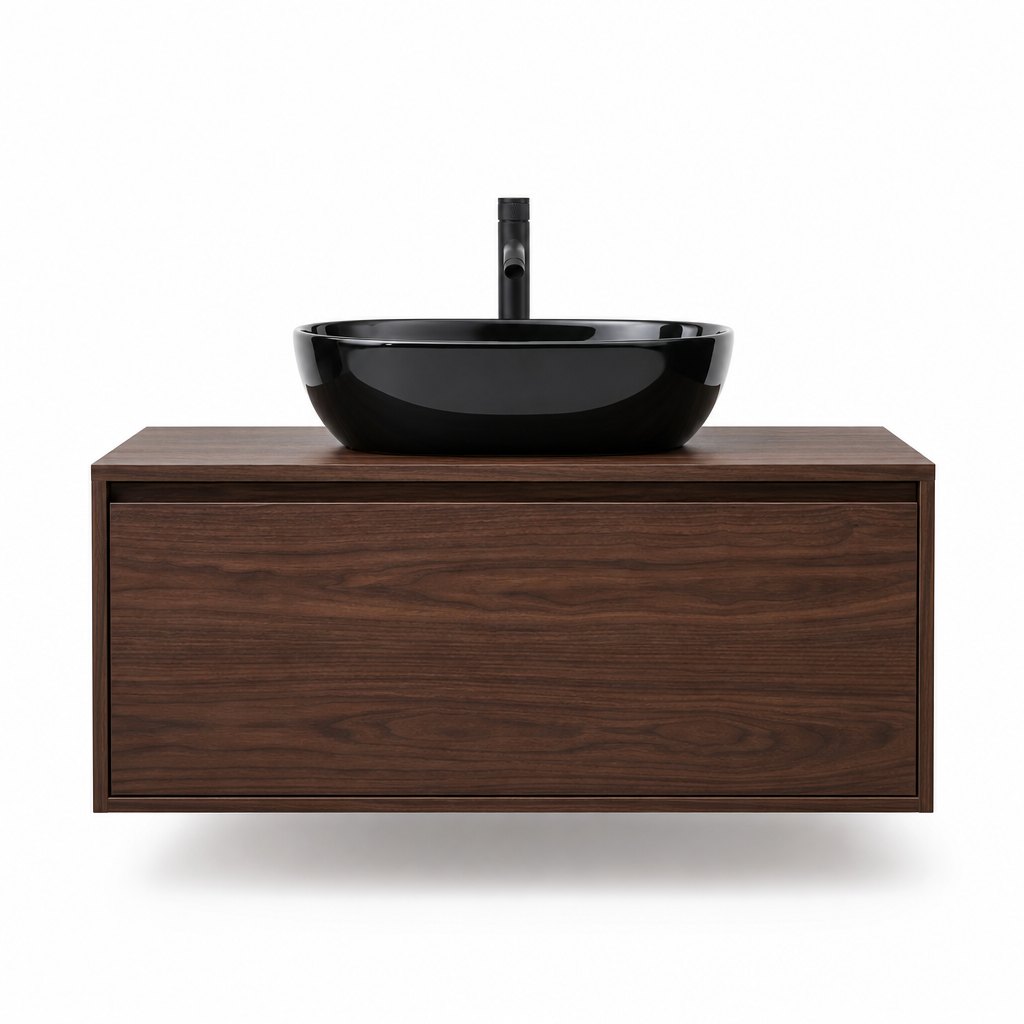 1000mm Dark Walnut Vanity — Black Basin — FAME OEM bathroom vanity