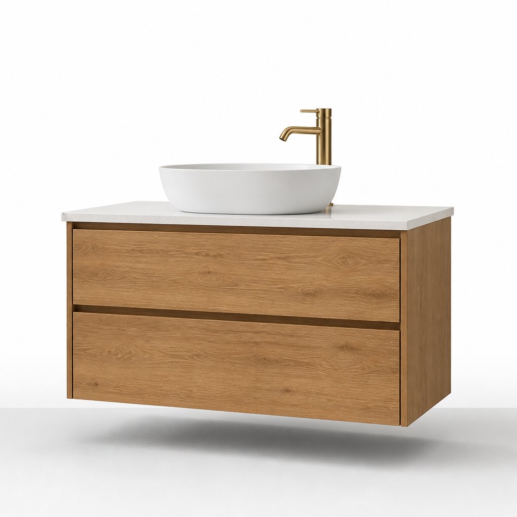 1000mm Oak Wall-Hung Vanity — Quartz Top & Vessel Basin — FAME OEM bathroom vanity