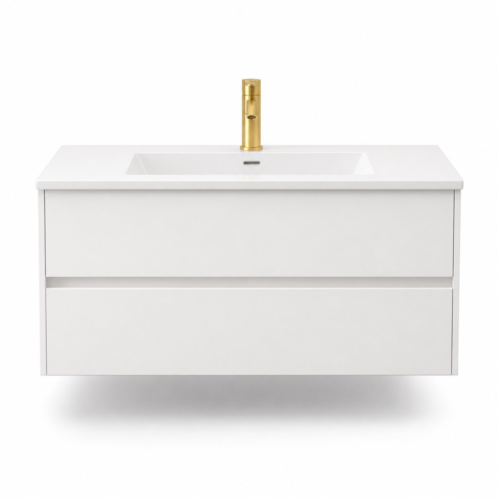 1000mm White Vanity — Gold Faucets & Arch Mirror — FAME OEM bathroom vanity
