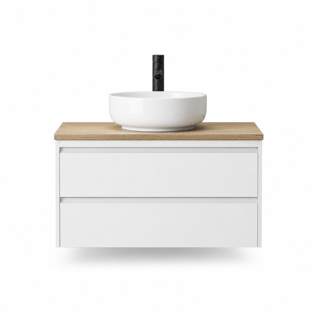 1000mm White Vanity — Oak Top & Vessel Basin — FAME OEM bathroom vanity