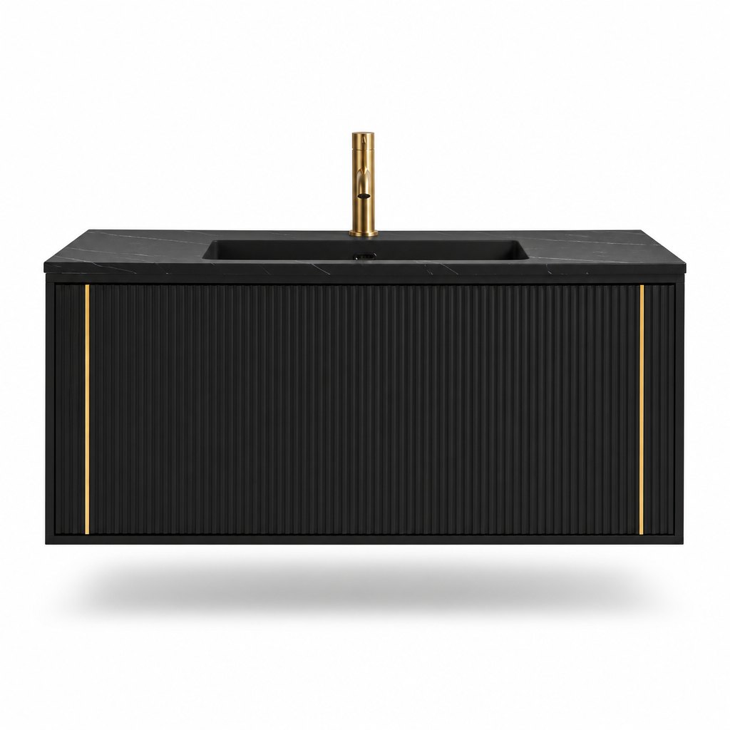 1200mm Black Fluted Vanity — Gold Trim & Black Stone Top — FAME OEM bathroom vanity