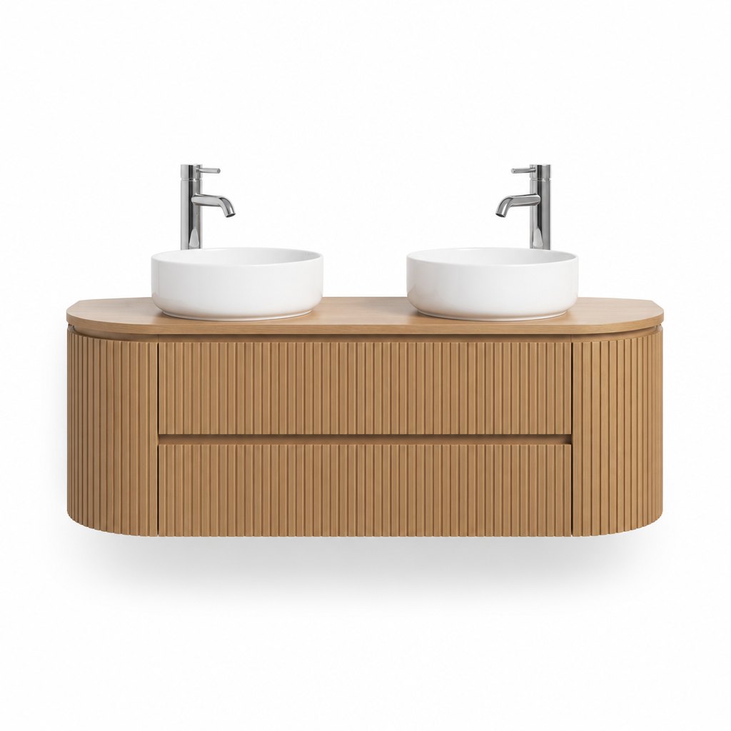 1200mm curved fluted oak wall hung bathroom vanity with vessel basins