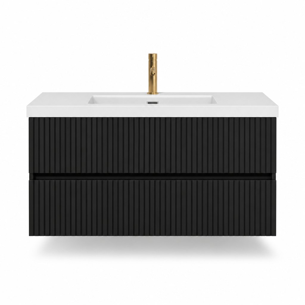 1200mm Fluted Black Vanity — White Stone Top — FAME OEM bathroom vanity