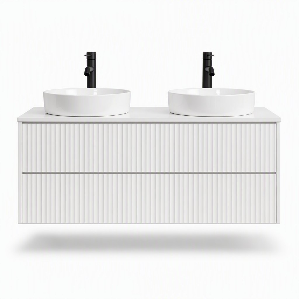 1200mm Fluted White Vanity — Double Vessel Basins — FAME OEM bathroom vanity
