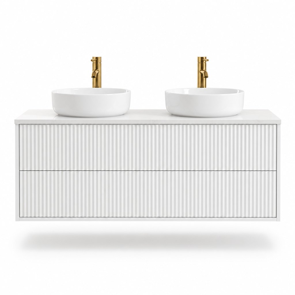 1200mm Fluted White Vanity — Gold Faucets & Tall Oval Mirror — FAME OEM bathroom vanity