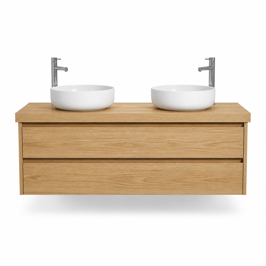 1200mm Natural Oak Vanity — Thick Oak Top, Vessel Basins — FAME OEM bathroom vanity