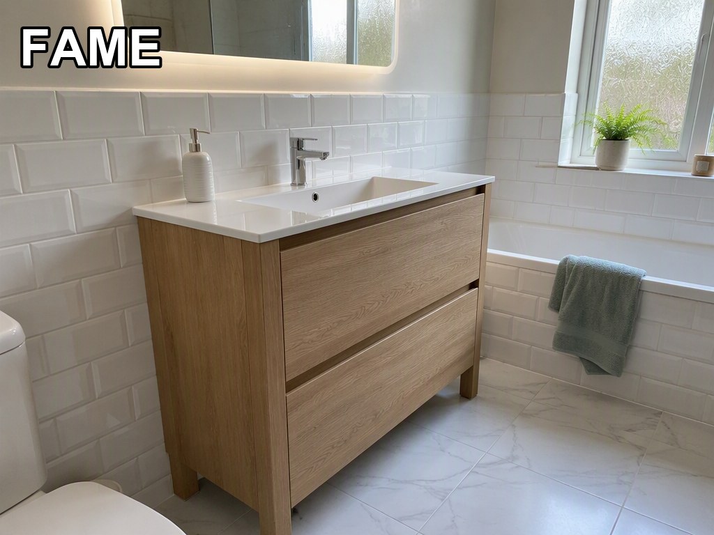 Floor-Standing Wooden Vanity — Integrated Ceramic Sink in a real bathroom setting