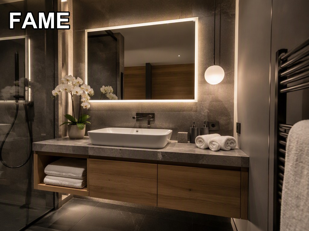 Modern Wall-Mounted Vanity Set — LED Mirror + Sintered Stone Top in a real bathroom setting