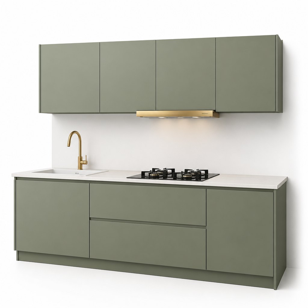 Matte sage green kitchen with white quartz top