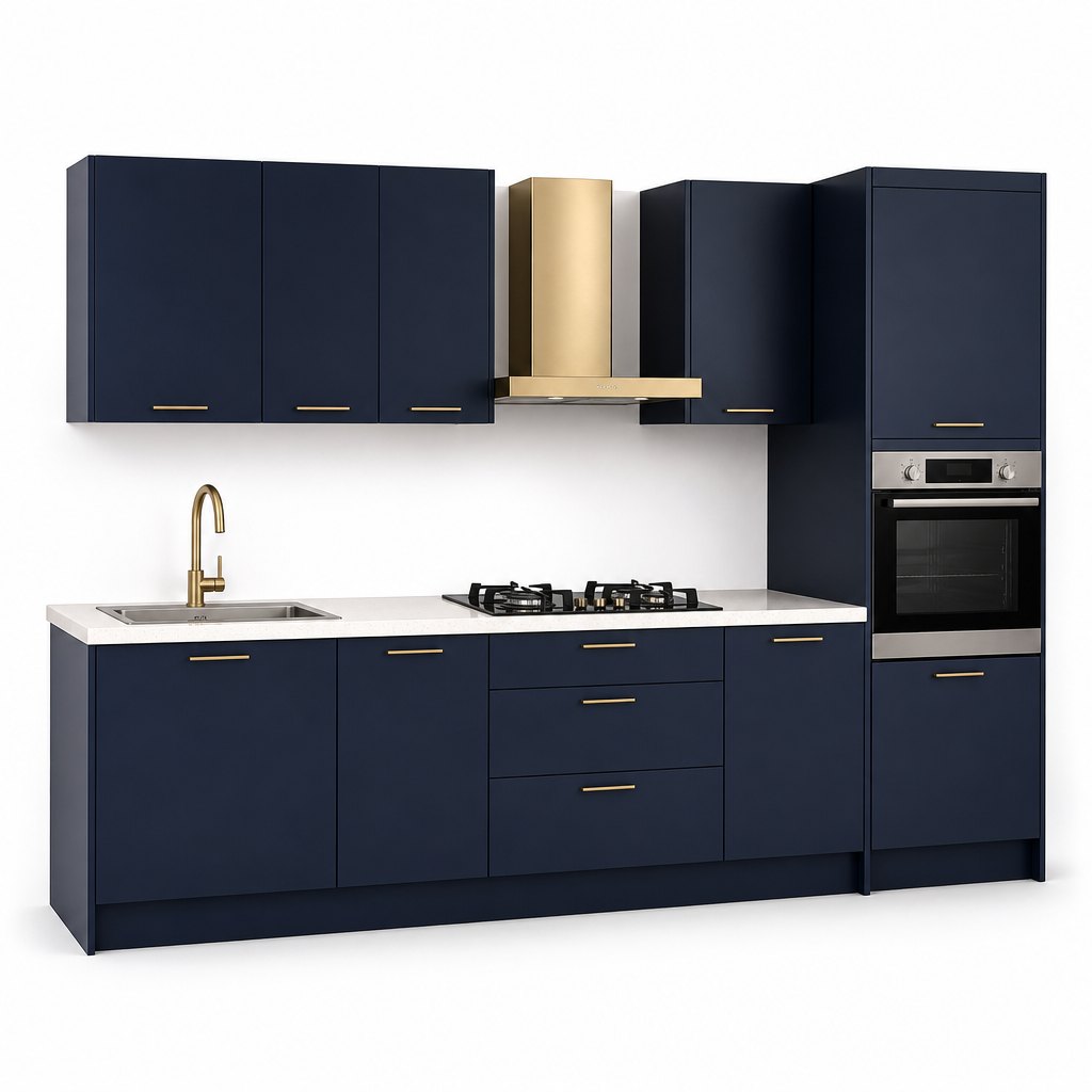 Navy blue modern kitchen with brass hardware
