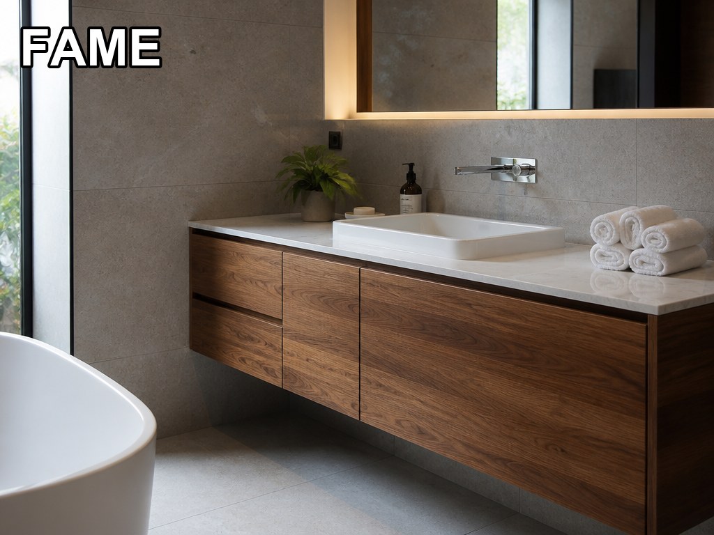 Solid Walnut Wall-Mounted Vanity — Natural Marble Top in a real bathroom setting