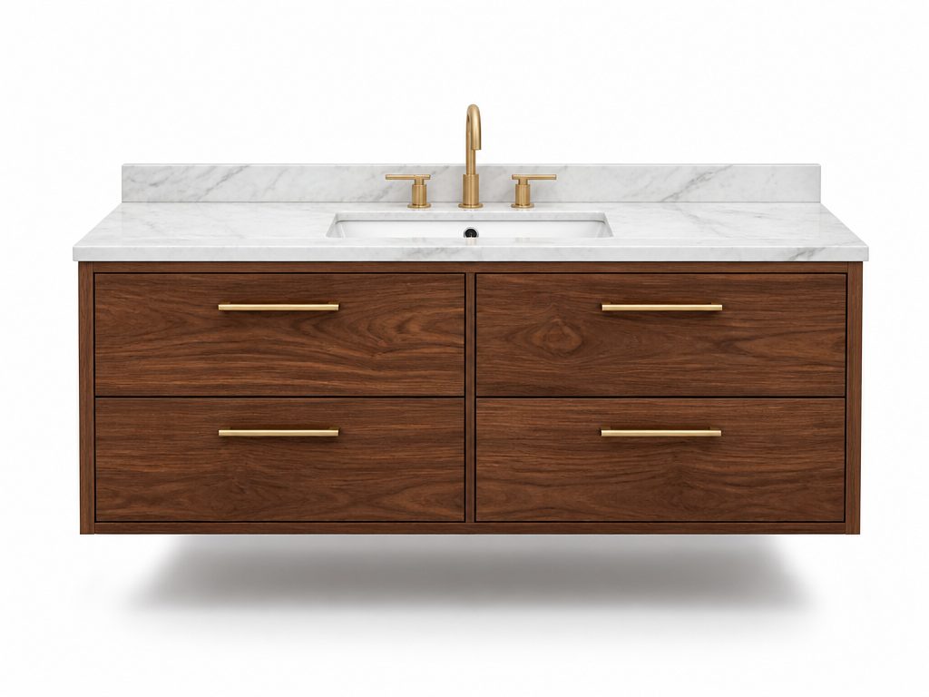 Solid Walnut Wall-Mounted Vanity — Natural Marble Top — FAME bathroom cabinet manufacturer
