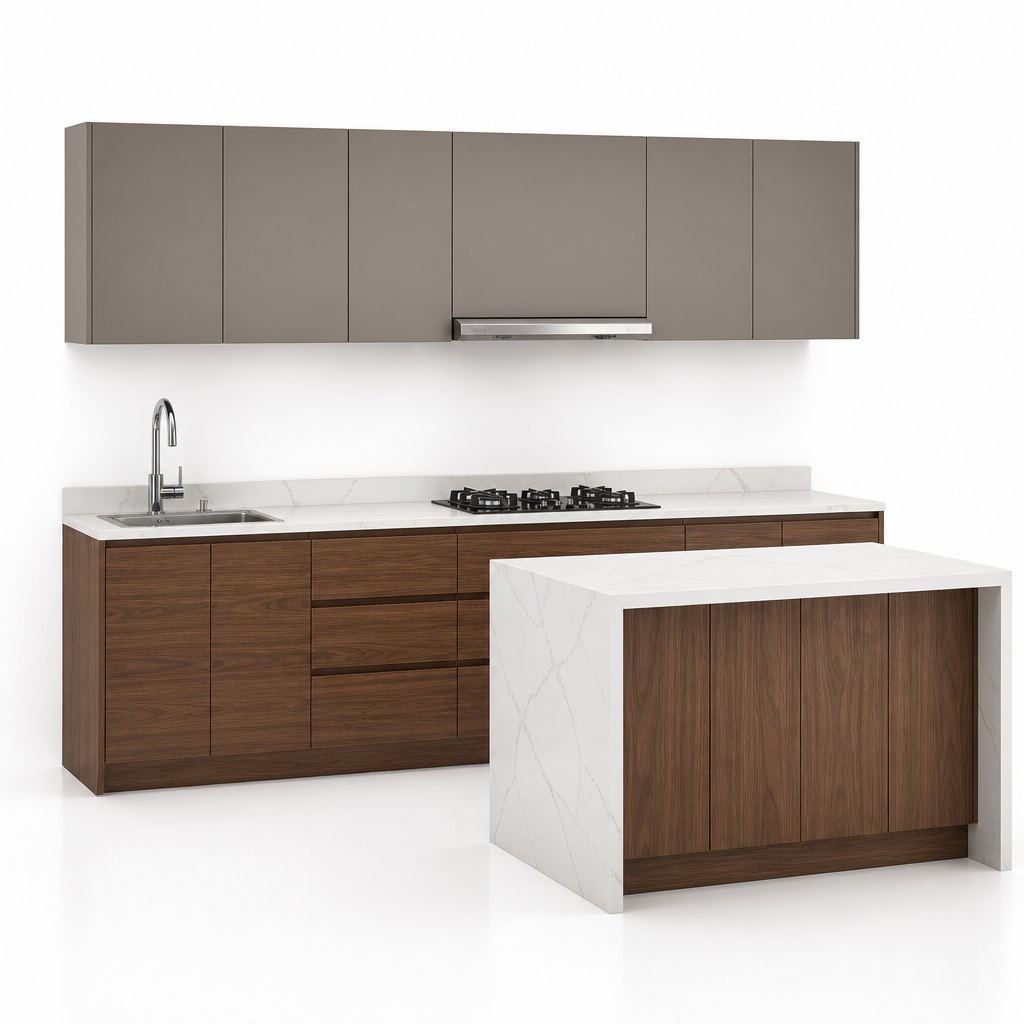Two-tone handleless kitchen with grey uppers and walnut bases